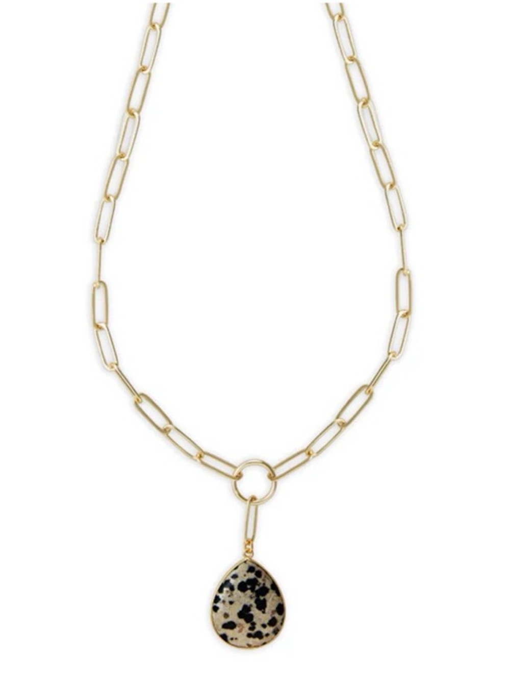 Myra Brand Sprinklers Gold Link Dalmatian Jasper Teardrop Pendant Necklace